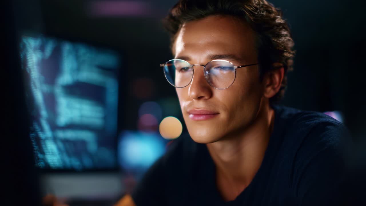 Tankefull ung mann med briller fokuserer intenst på digitale skjermer, som legemliggjør essensen av teknologi og innovasjon i et moderne arbeidsområde