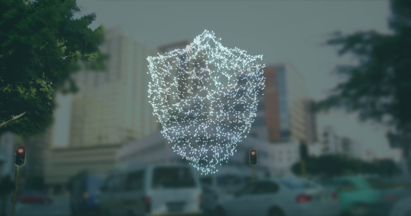 Animation of digital shield over cityscape