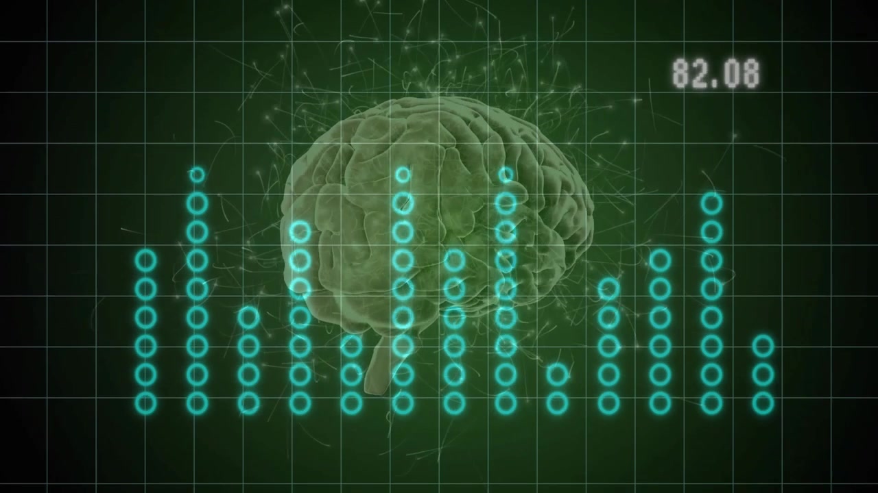 Cyan bars rising and falling under floating brain mirroring readout updates visualizing signal flow