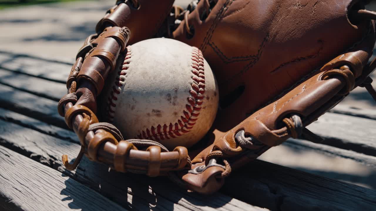 Close-up shot of a baseball glove holding a ball on a wooden bench, captured at a low angle