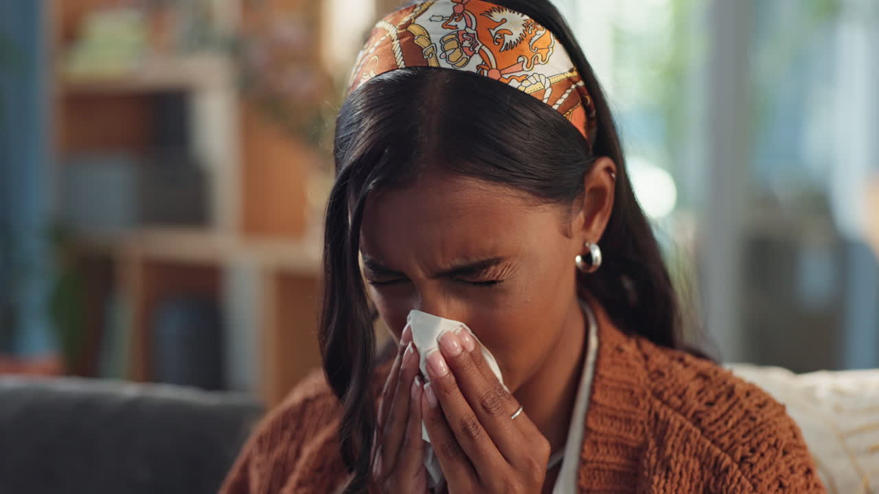 Woman blowing her nose with a tissue