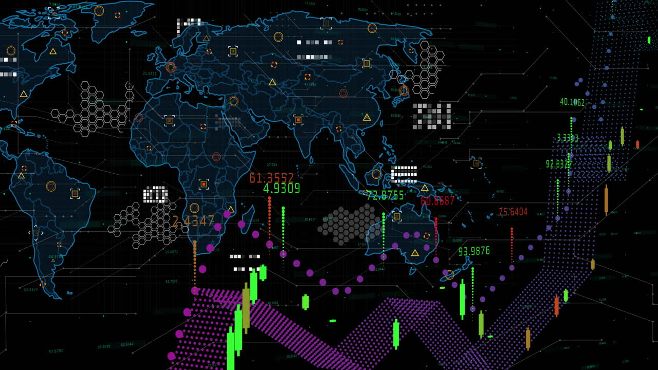 Animation of digital data processing over world map on dark background