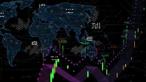 animation of digital data processing over world map on dark background