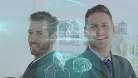 standing back-to-back, businessmen with digital animation overlay in office setting