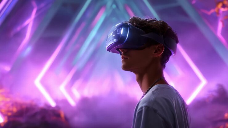 Un giovane immerso in esperienze di realtà virtuale, circondato da luci al neon vivaci e un'atmosfera eterea, che cattura l'essenza della tecnologia moderna e delle forme d'arte digitali