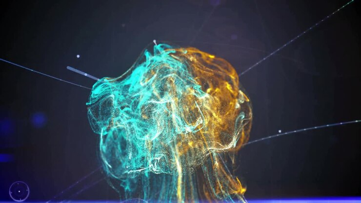 At two seconds, cyan gold particle cloud swelling upward as HUD lines orbiting visualizing network