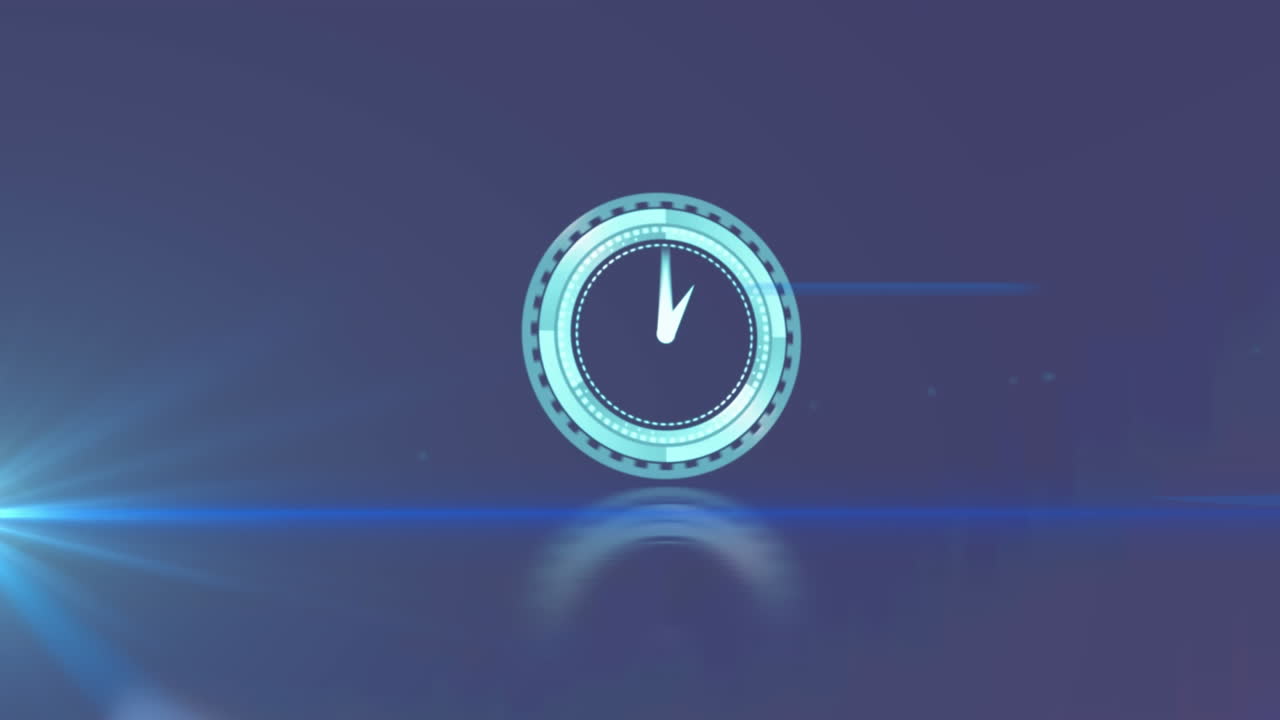 Animation of rotating safe lock with clock over light trail on blurred background