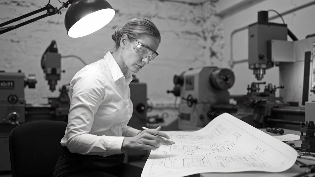 Focused Engineer Analyzing Technical Blueprints in Workshop with Machinery While Illuminated by Desk Lamp for Precision and Clarity in Design Work