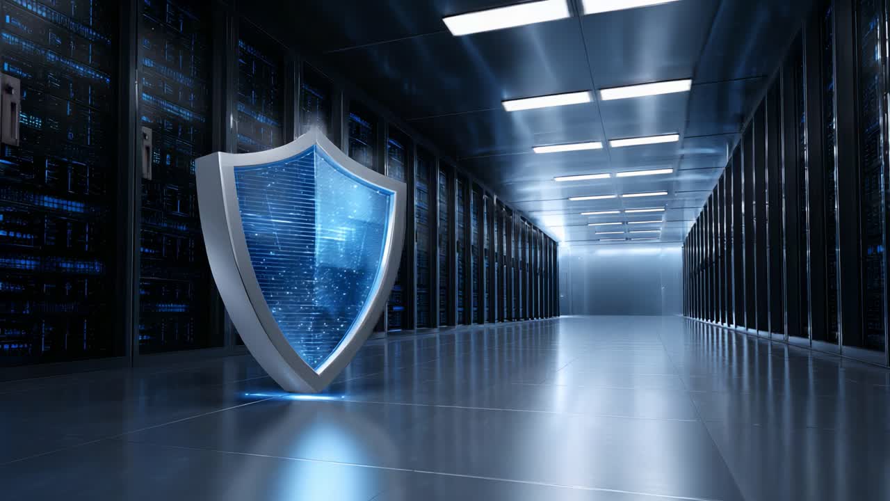 A High-Tech Data Center Featuring a Digital Shield Icon for Cybersecurity Protection in a Futuristic Server Room Setting