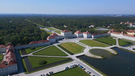 Stunning-aerial-top-view-flight-Castle-Nymphenburg-Palace-landscape-City-town-Munich-Germany-Bavarian,-summer-sunny-blue-sky-day-23