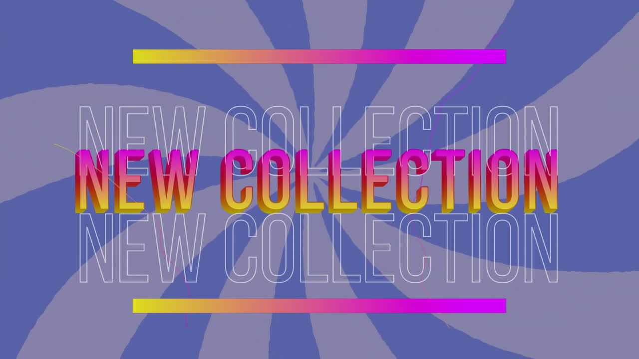 새로운 컬렉션이 표시되는 다채로운 방사선 배경 위의 텍스트 애니메이션