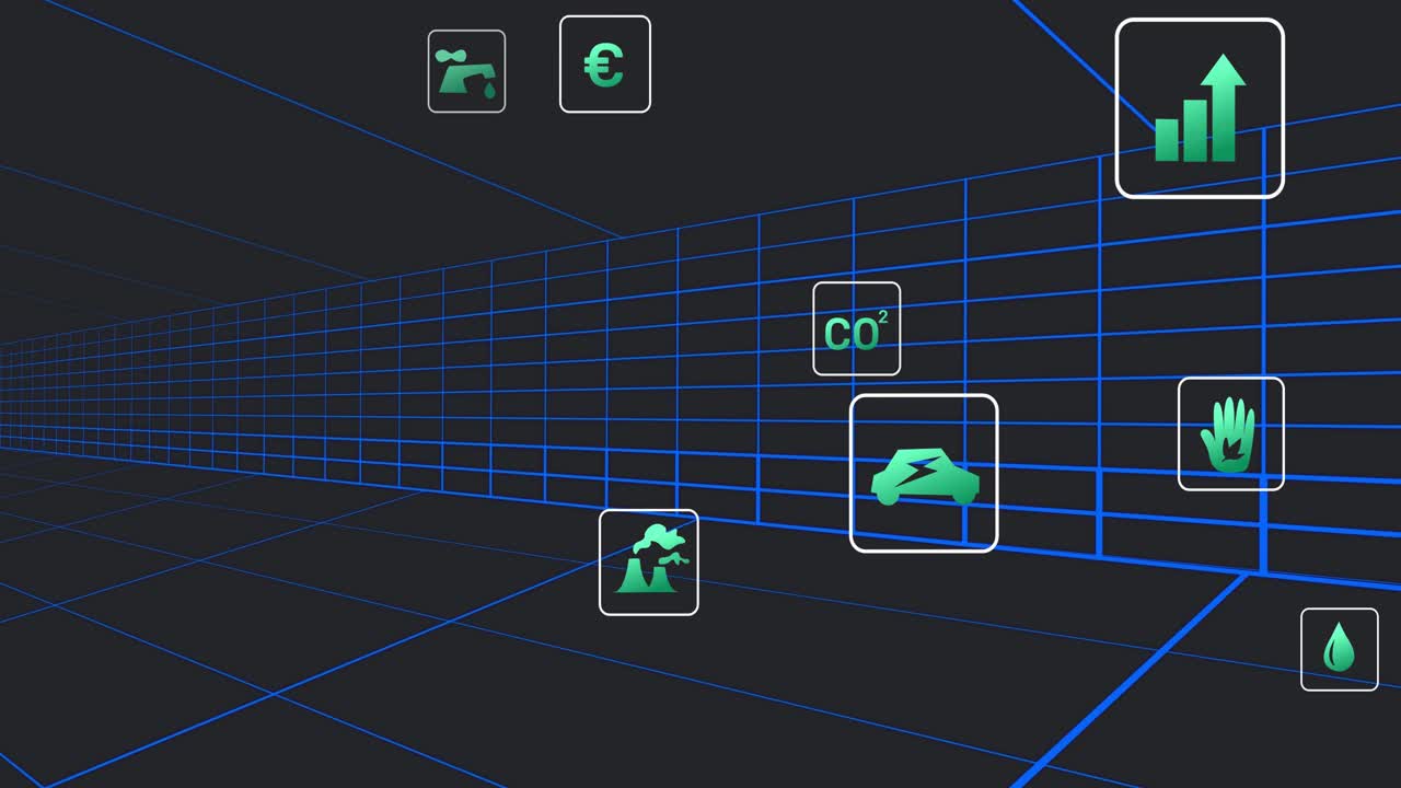 Viewpoint shifting forward starting floating green icons moving, framing ev center to show eco data