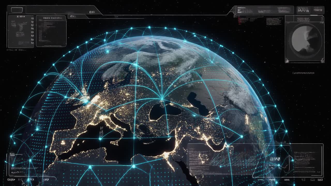 Digital Global Network Connecting Earth with City Lights at Night