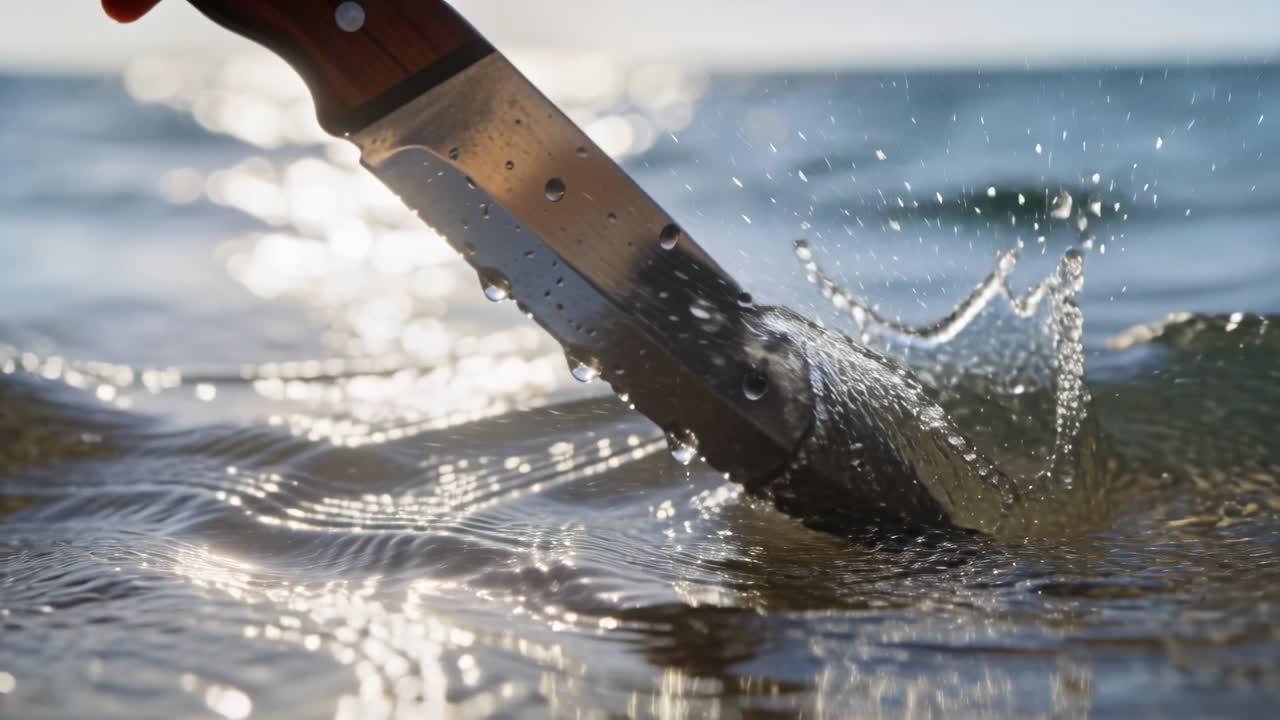 Vertical video: Droplets falling, hand dipping serrated blade into sea, cutting thin crest