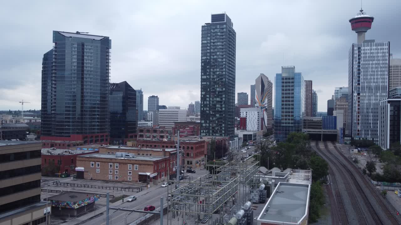 Calgary City Downtown aerial drone cloudy Tilt