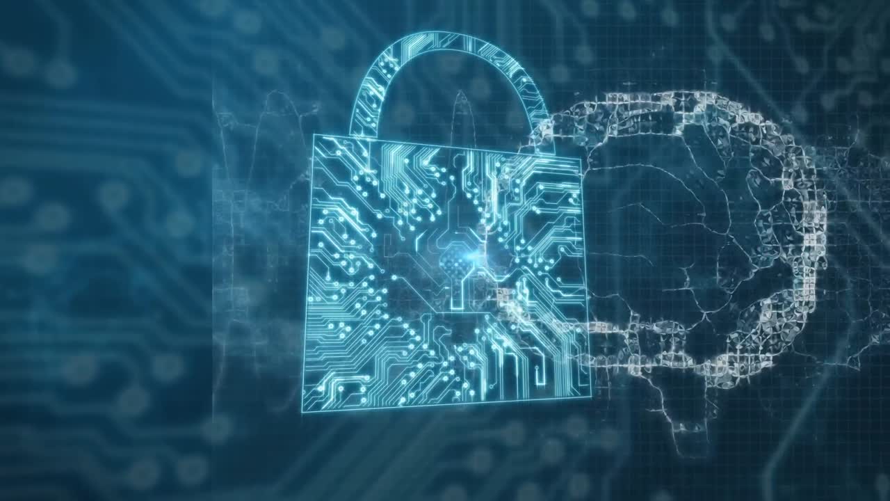 Animation of human brain and circuit board padlock over processor circuit board