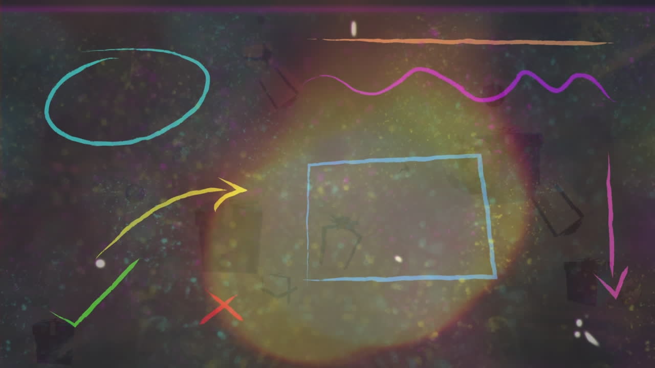 animación de formas coloridas volando sobre fuegos artificiales