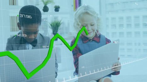 animation of financial data processing over diverse schoolchildren with laptop