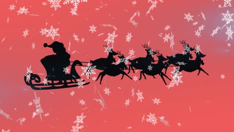 Animation-of-santa-claus-in-sleigh-with-reindeer-over-snow-falling-on-red-background