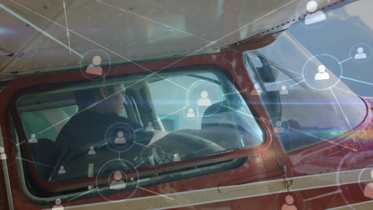 animación de la red de conexiones con iconos sobre el piloto en el avión
