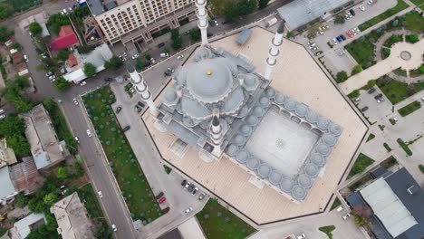 drone view of imam sarakhsi mosque and cityscape in bishkek, kyrgyzstan, aerial establishing shot
