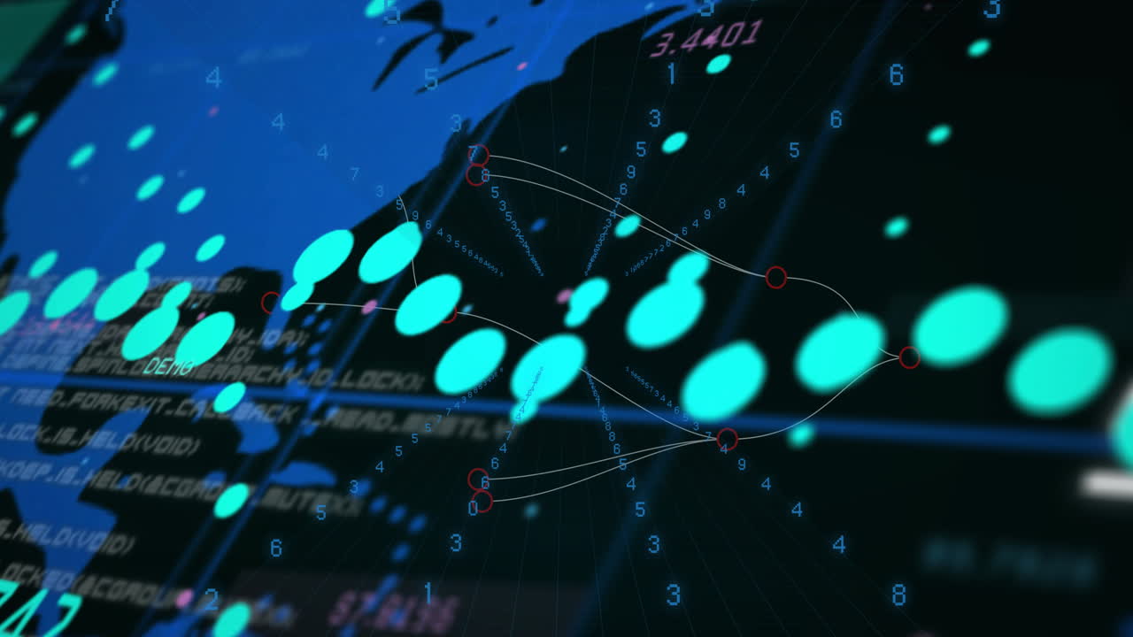 Abstract data interface displaying glowing node network, with floating numbers and code text