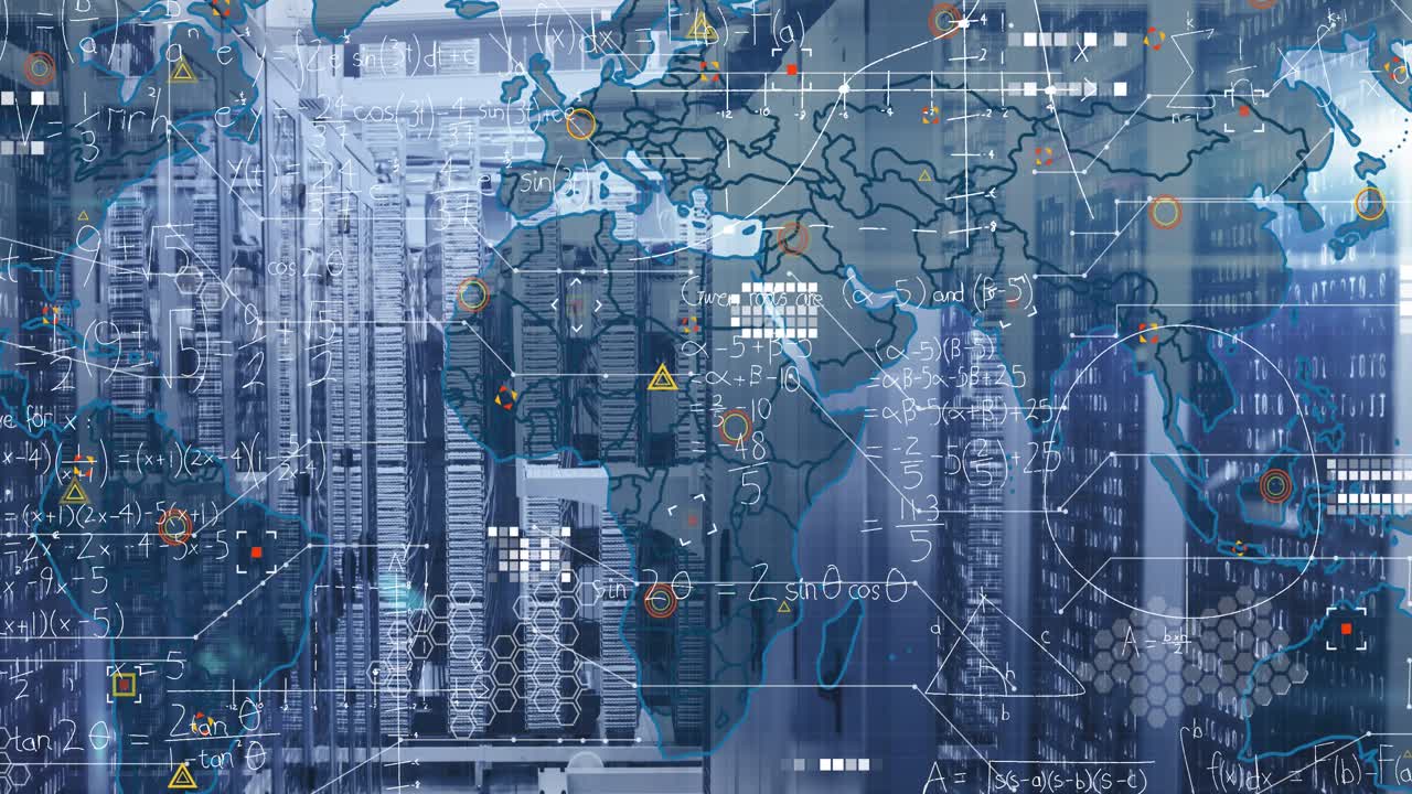 Animation of data processing and world map over server room