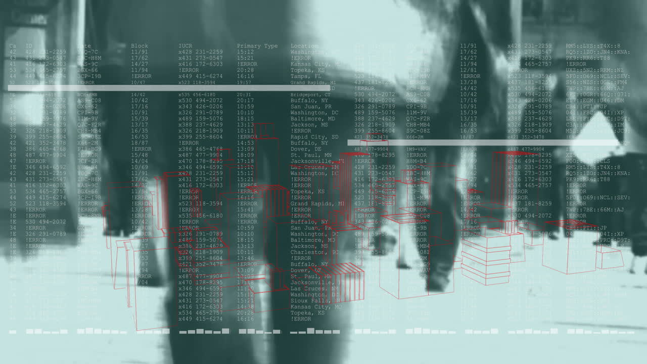 Walking with data and cityscape animation overlay, people in urban environment