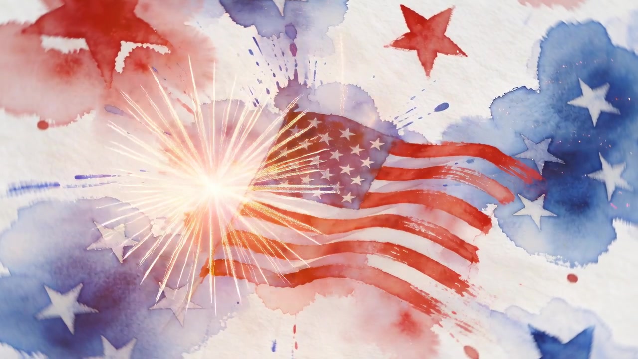 Fiammata eruttiva che fa ondeggiare una bandiera americana dipinta su carta, mostrando macchie di stelle, celebrando.