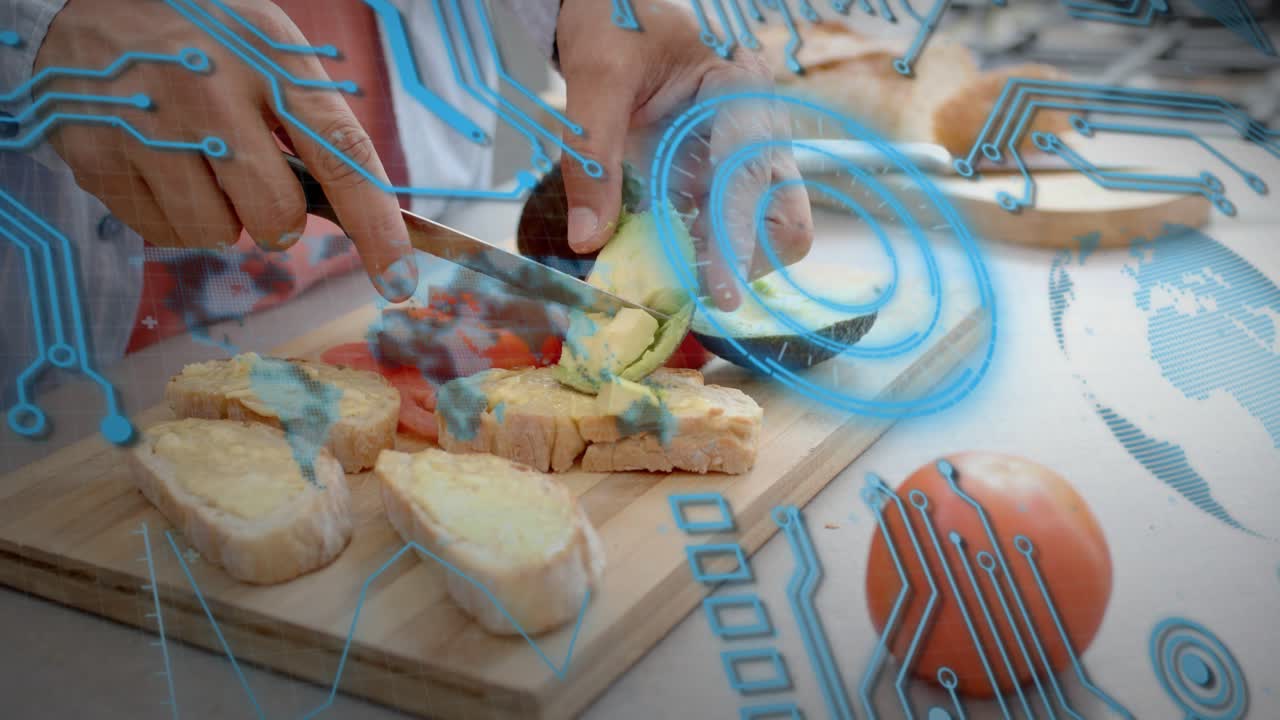 Kitchen cook picking avocado half, slicing and spreading for toast, blue circuit overlay over hands