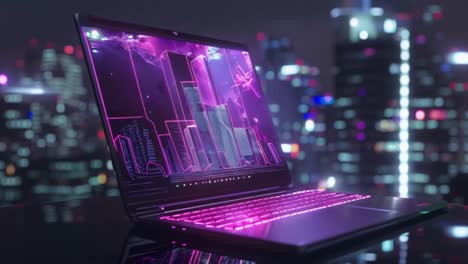cyberpunk laptop with glowing screen in neon city