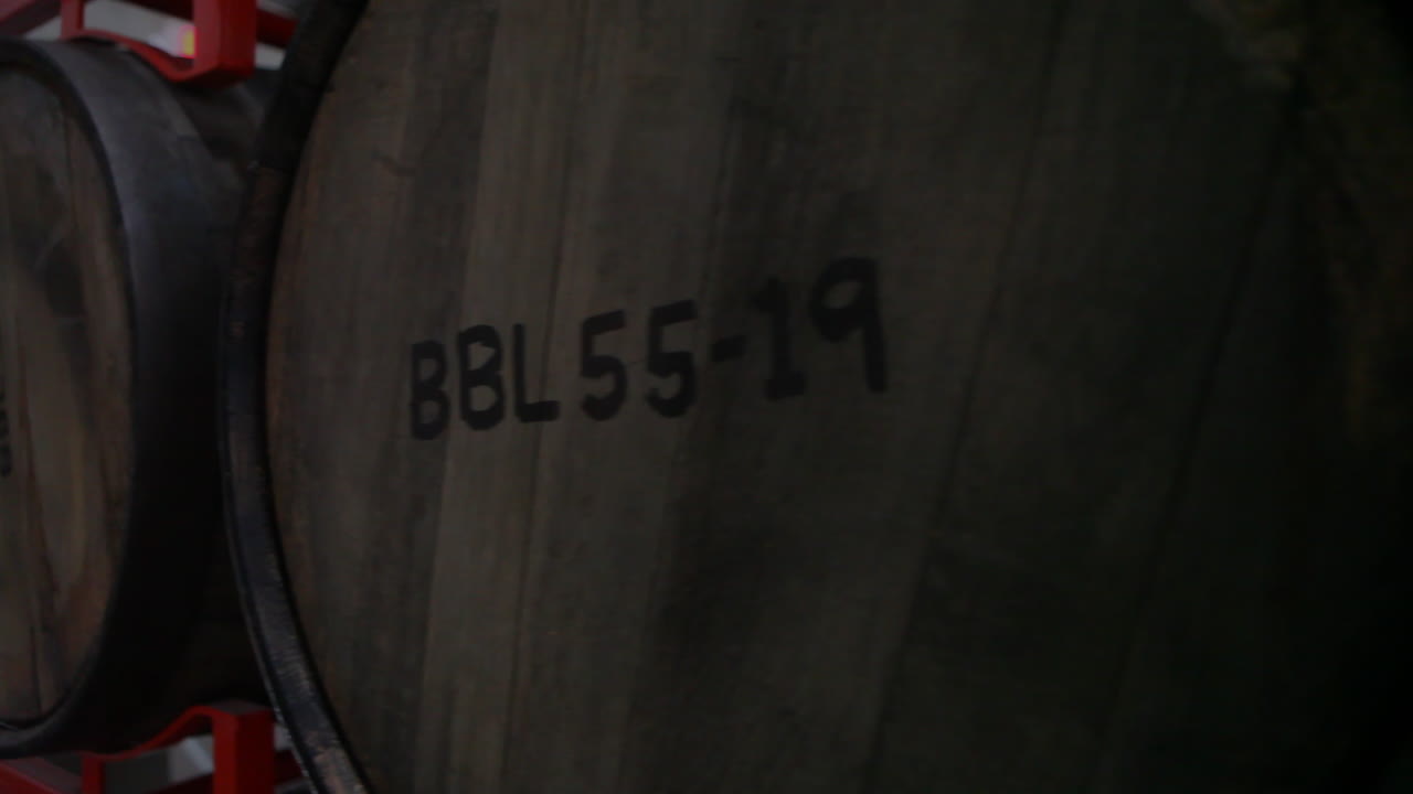 la cámara se mueve a lo largo del frente de un barril de vino en una bodega