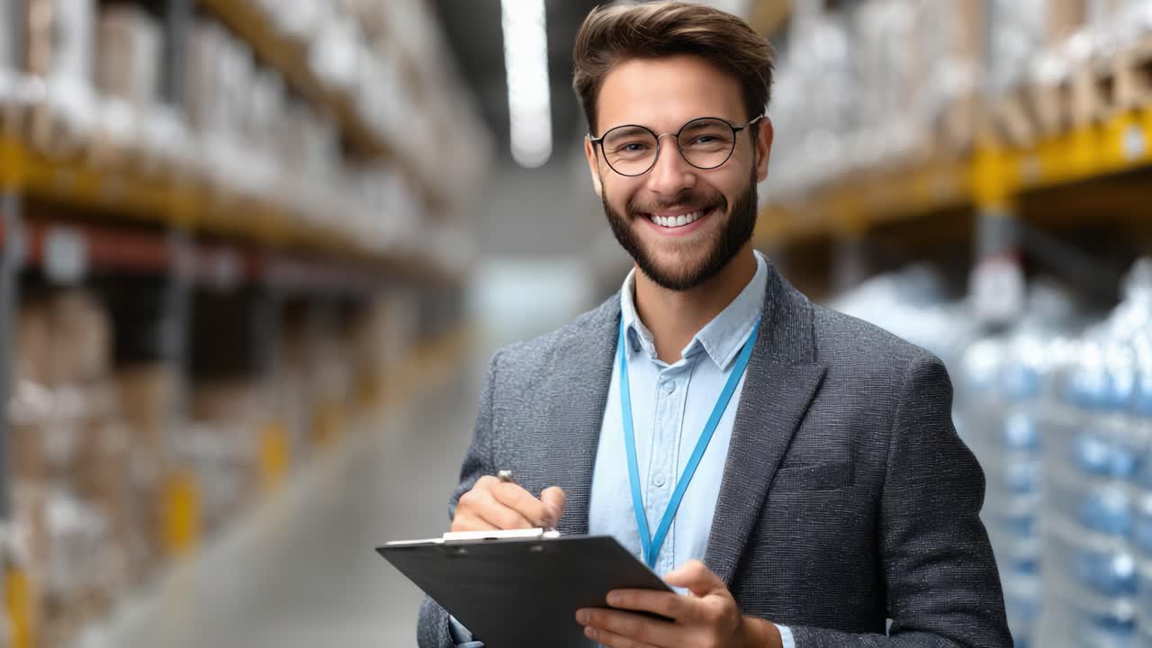 A Smiling Inventory Manager in Warehouse Smiles for Camera While Taking Notes on Clipboard, Capturing the Essence of Organized Stock Management and Team Coordination