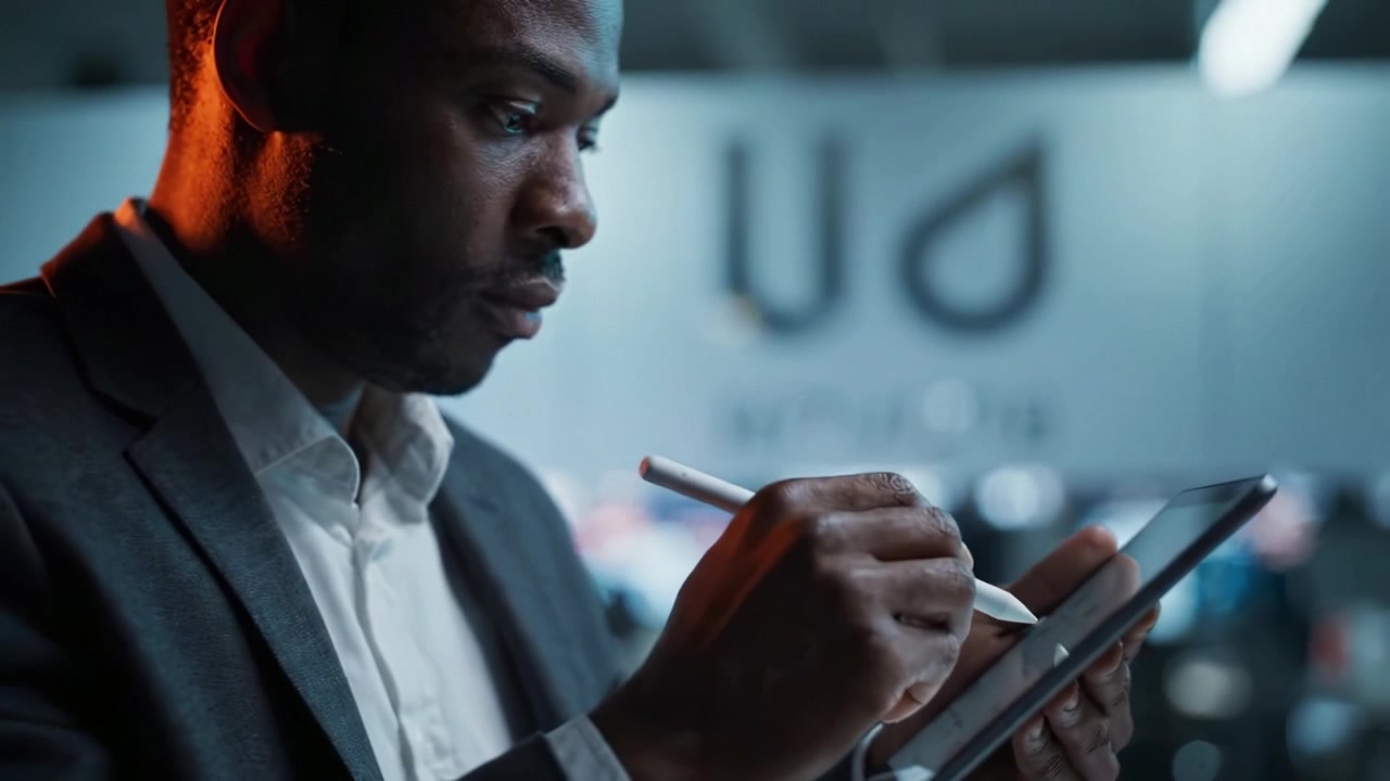 A focused professional uses a tablet and stylus to create digital designs in a modern workspace, showcasing innovation and creativity in technology.