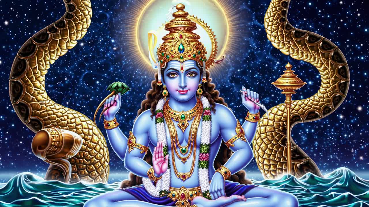 Arte digital vibrante de uma divindade com elementos cósmicos, vista de um ângulo frontal.