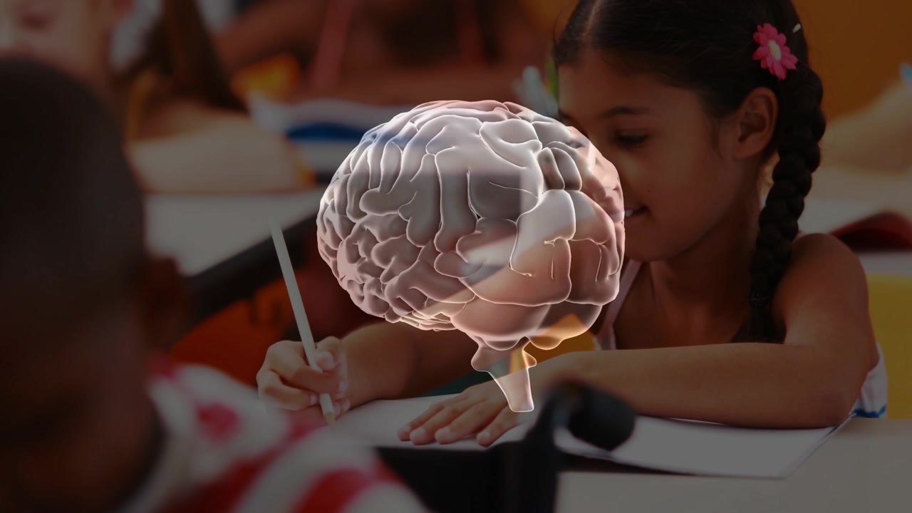 Girl with braids writing at desk, 3D brain appearing, rotating, syncing with pen, showing learning