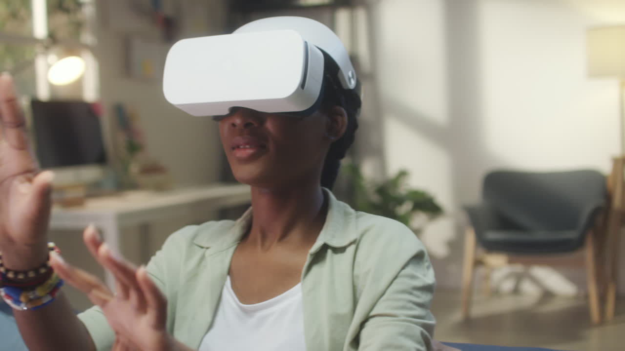 Young Woman Experiencing Virtual Reality with VR Headset