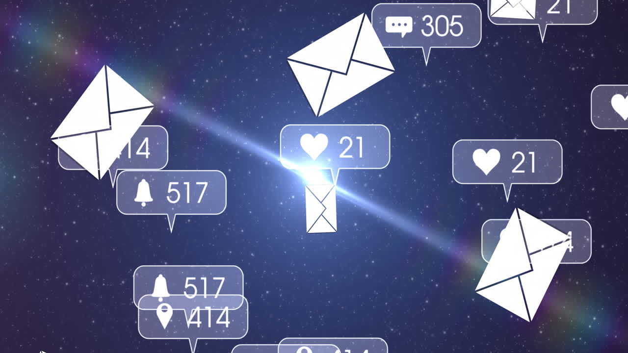 야간 하늘 위의 온라인 디지털 봉투 아이콘과 음성 거품의 애니메이션