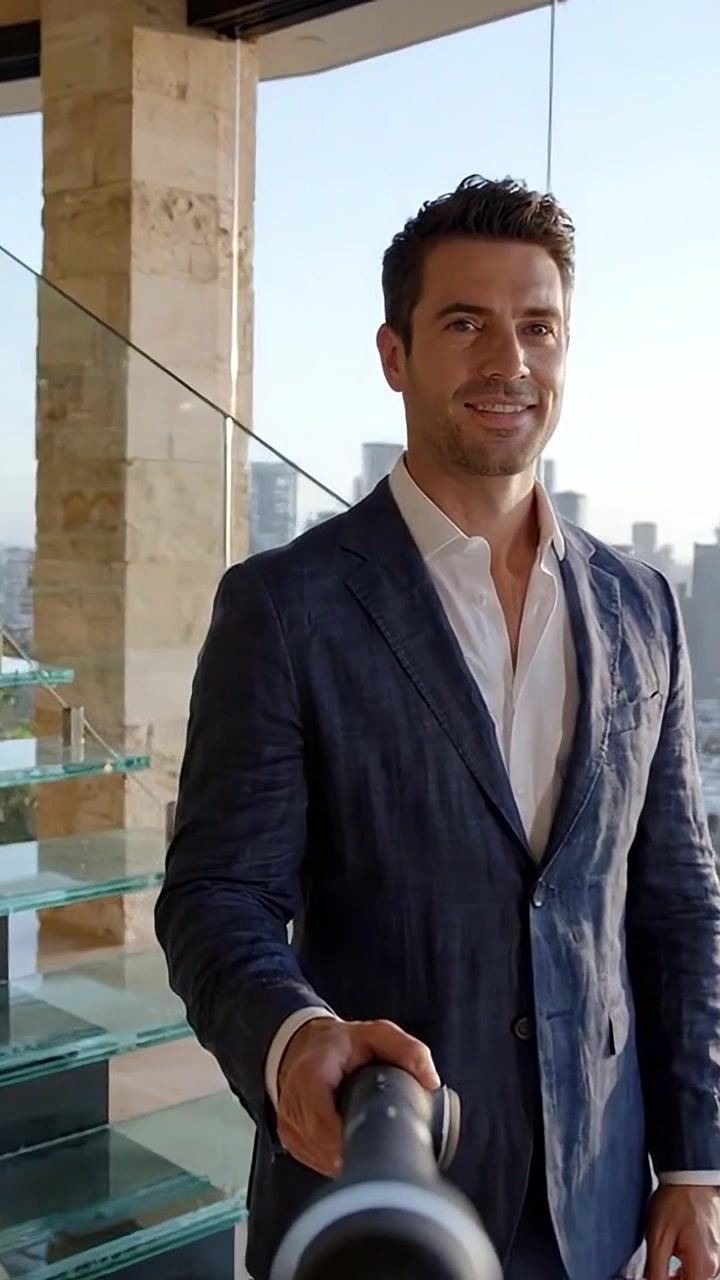 Homem confiante em um terno elegante posa perto de uma escadaria moderna com uma vista deslumbrante da cidade ao fundo, exibindo elegância e sofisticação.