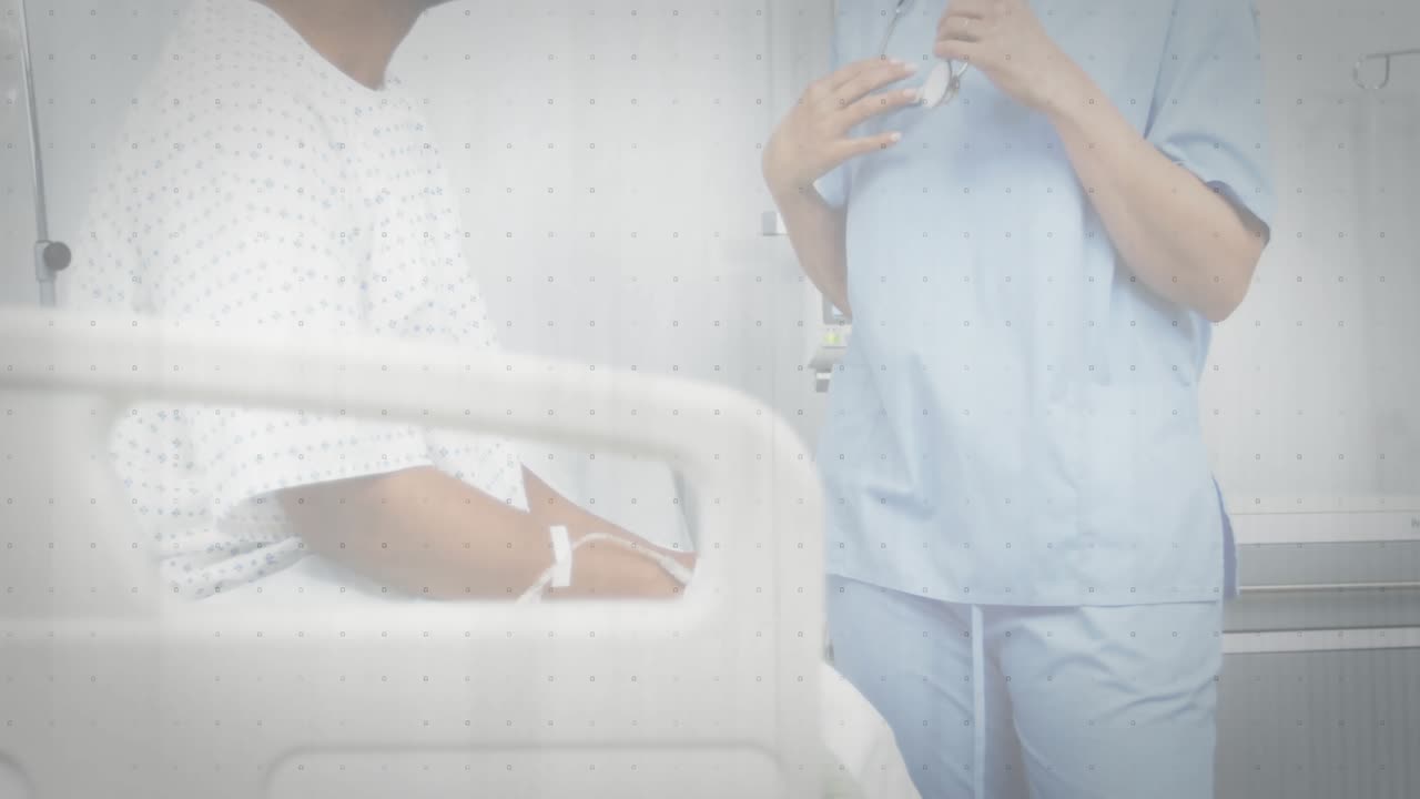 Aparece un gráfico, mientras una enfermera usa un estetoscopio en el pecho y los gráficos se deslizan mostrando datos de salud.