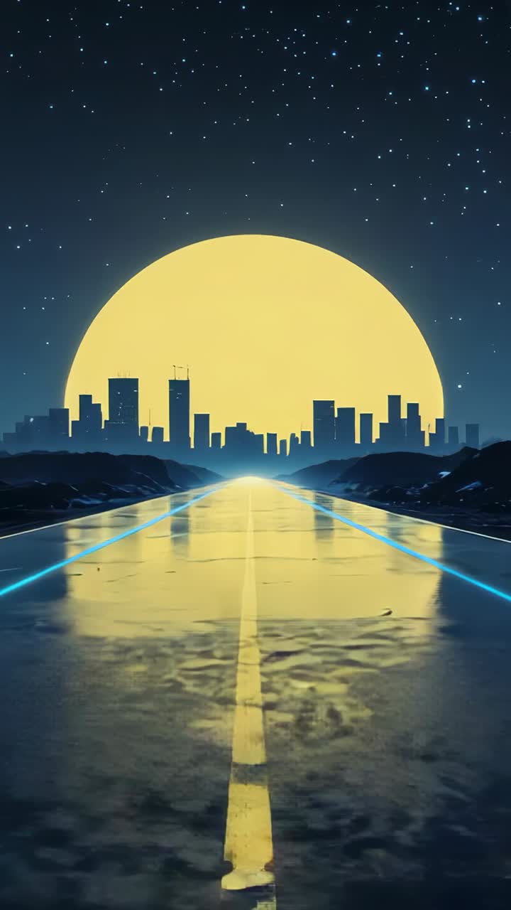 Vertical video: Moon reflecting highway toward skyline neon edge lines pulsing and stars flickering