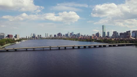 rising aerial shot of harvard bridge and boston skyline, travel destination