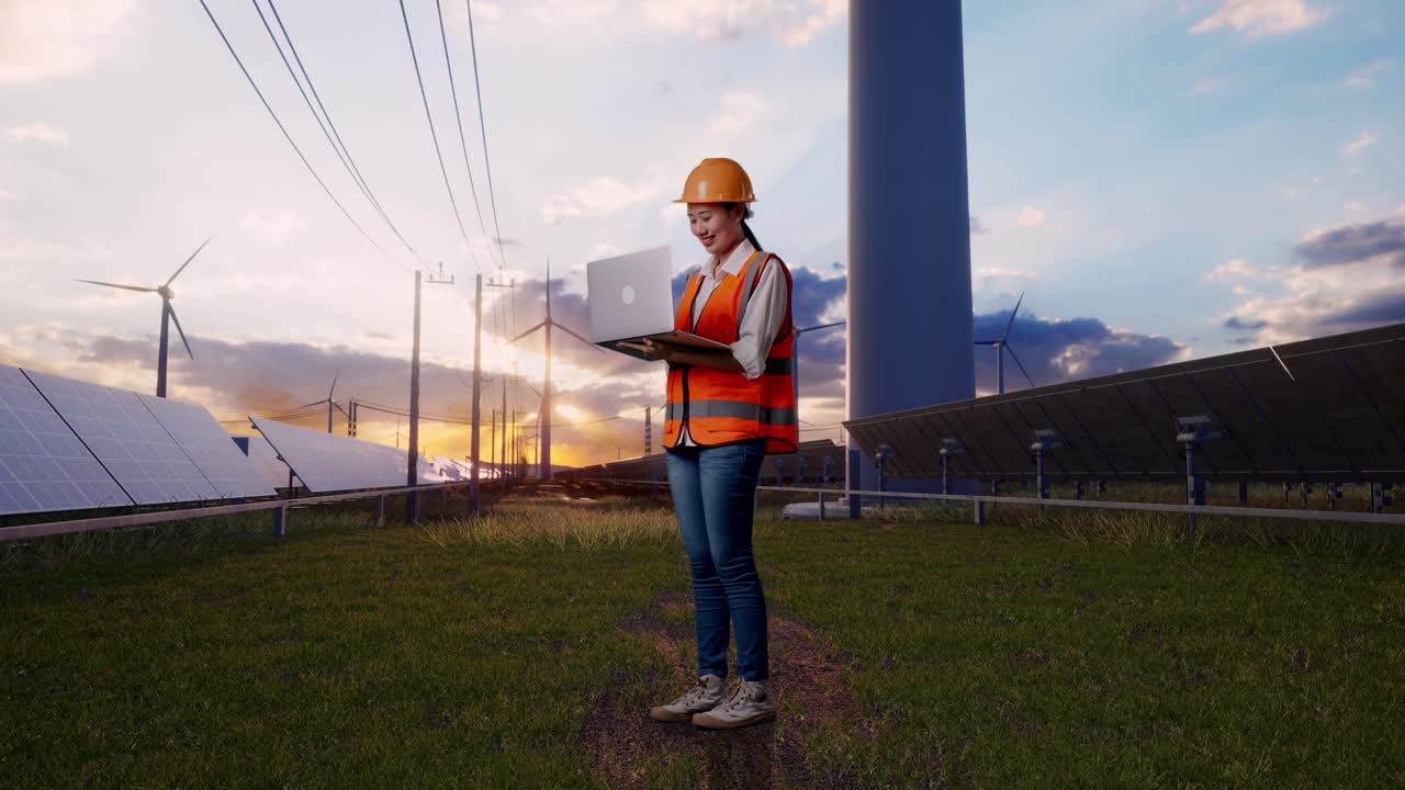 Full Body Side View Of Asian Female Engineer With Safety Helmet Working On A Laptop With Solar Panel and Wind Turbines