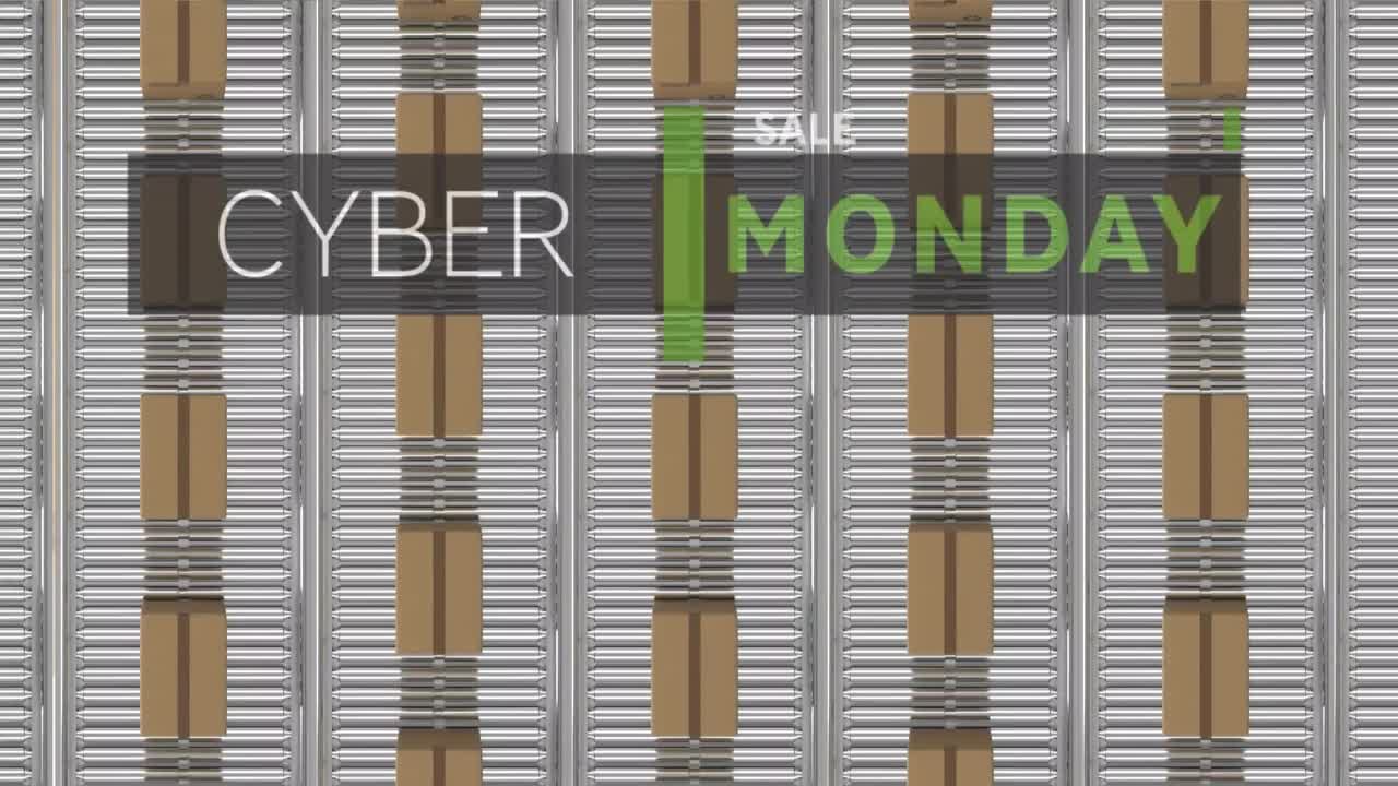 사이버 월요일 판매 텍스트 배너 컨베이어 벨트에 있는 여러 배달 상자의 오버헤드 뷰