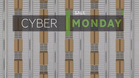 Cyber-Monday-Sale-Textbanner-Vor-Der-Draufsicht-Mehrerer-Lieferboxen-Auf-Dem-Förderband
