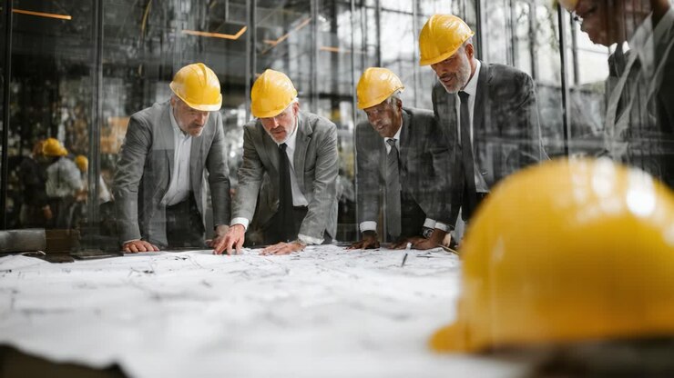 Group of Professionals Collaborating over Architectural Plans with Safety Helmets in a Modern Office Setting during Construction Planning Meeting