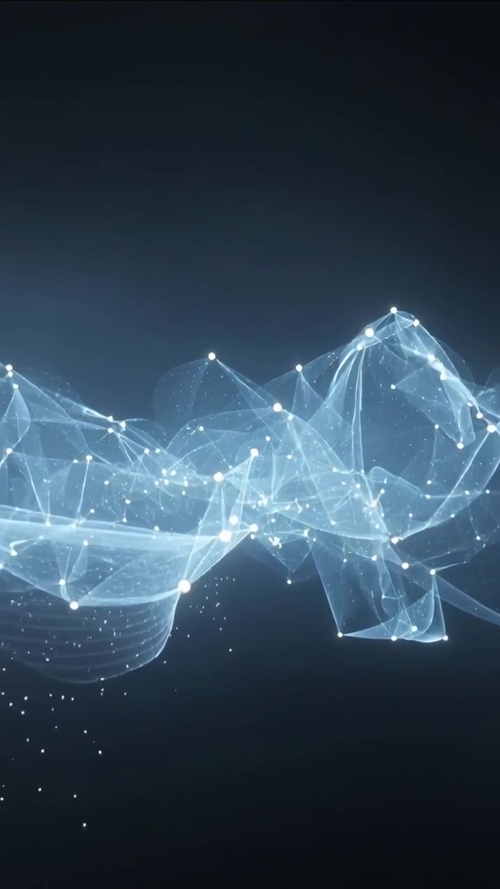 Vertical video: Flowing mesh pushing network rightward on dark stage, forming calm band with nodes
