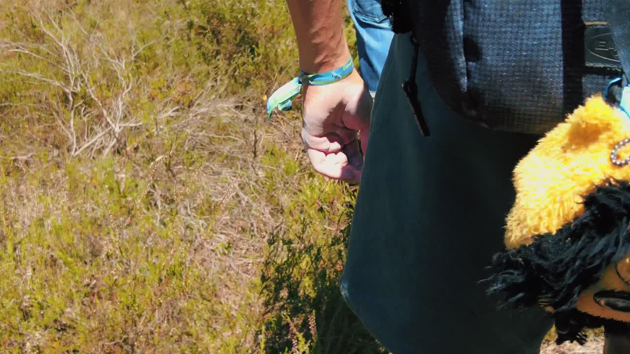 seguimiento de cerca adolescente mochila inferior puff bag caminando por la naturaleza
