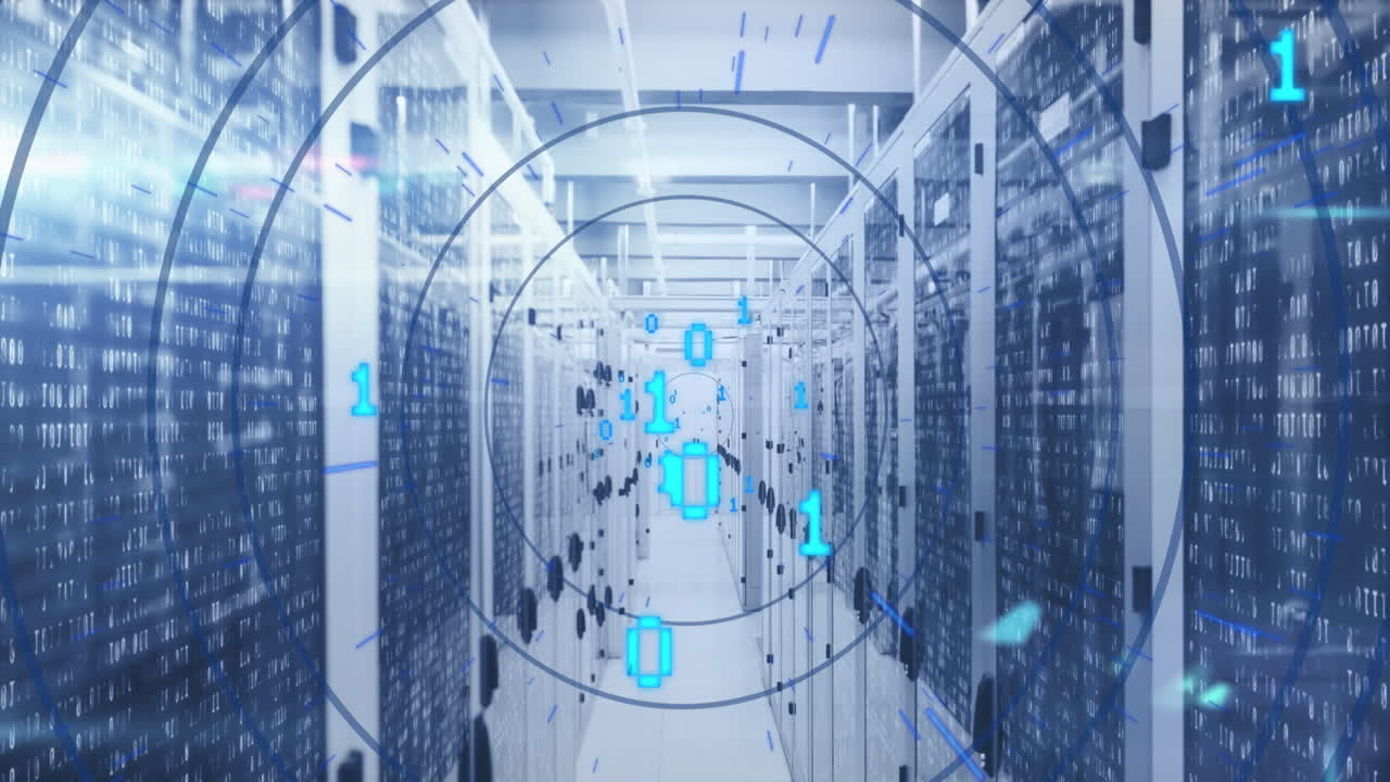 Animation of loading circles over binary codes moving between server racks at data center