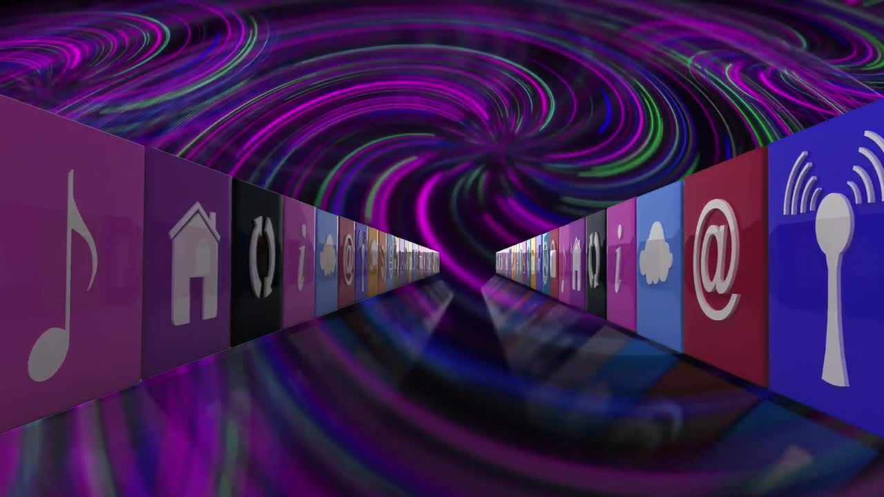 animación de filas de iconos digitales sobre rastros de luz multicolores